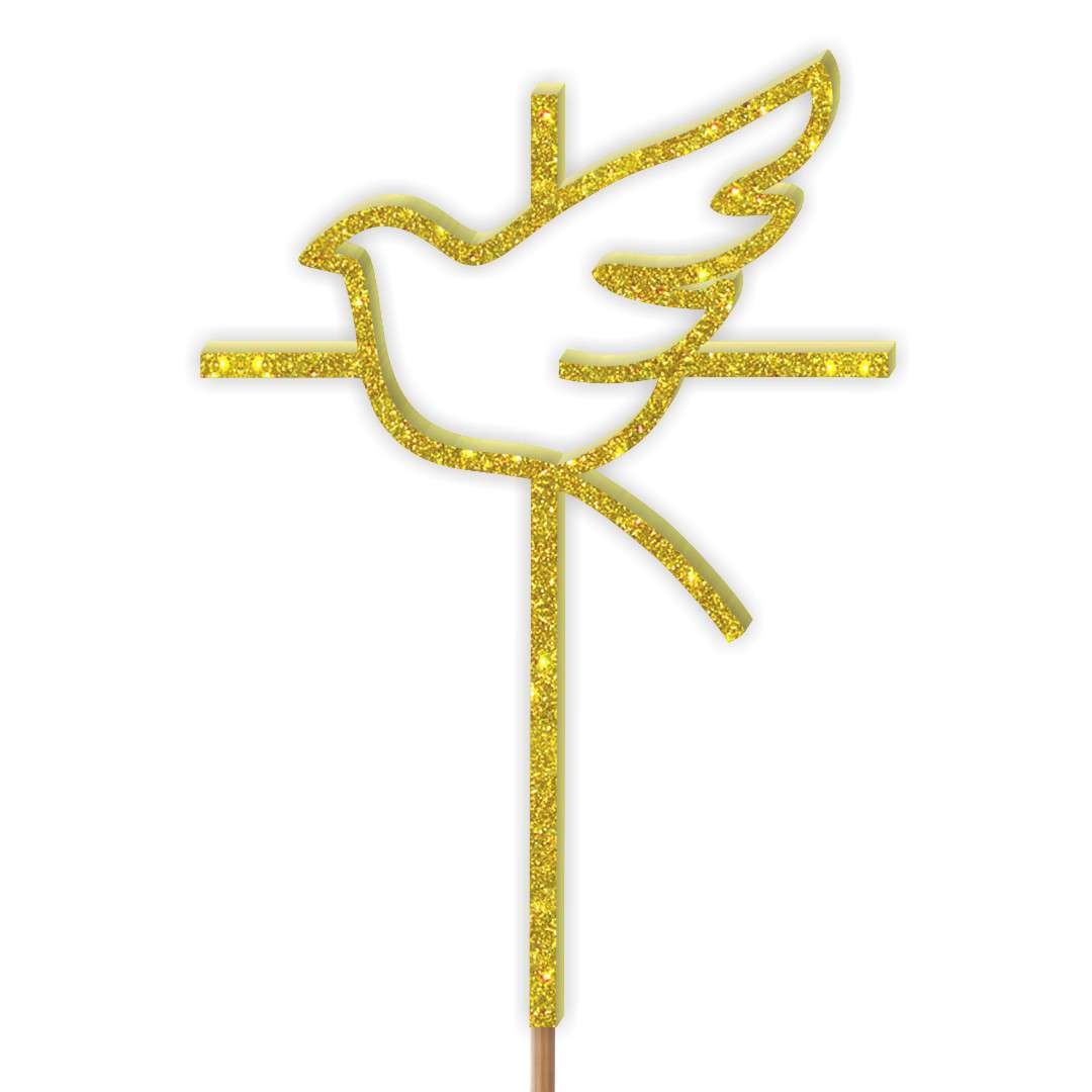 Topper z pleksy "Komunia Św.- IHS krzyż i gołębica", złoty brokat, 24 cm