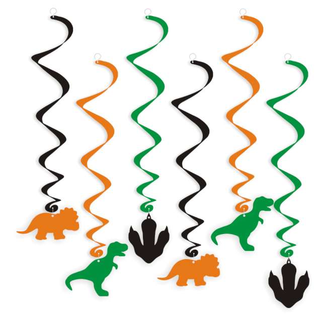 Świderki wiszące "Dino party", zielone, czarne, pomarańczowe, 6 szt