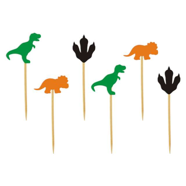 Pikery "Dino party", zielone, czarne, pomarańczowe, 8 cm, 6 szt