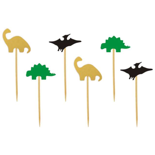 Pikery "Dino party", zielone, czarne, złote, 8 cm, 6 szt