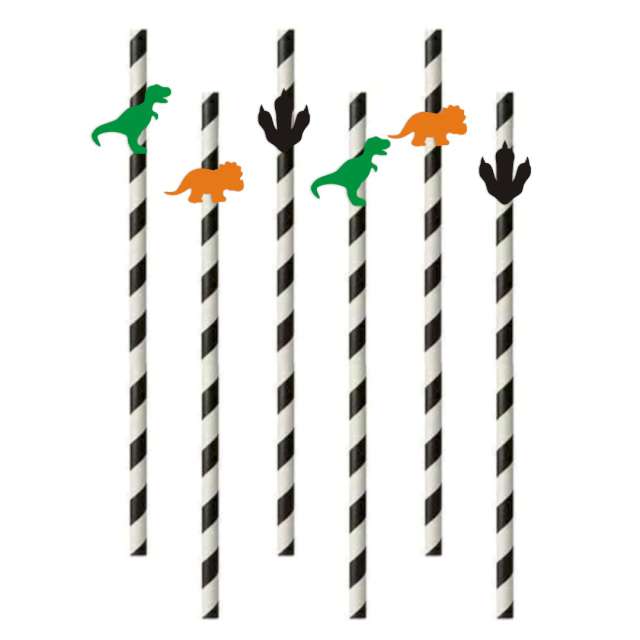 Słomki "Dino party", zielone, czarne, pomarańczowe, 19,5 cm, 6 szt