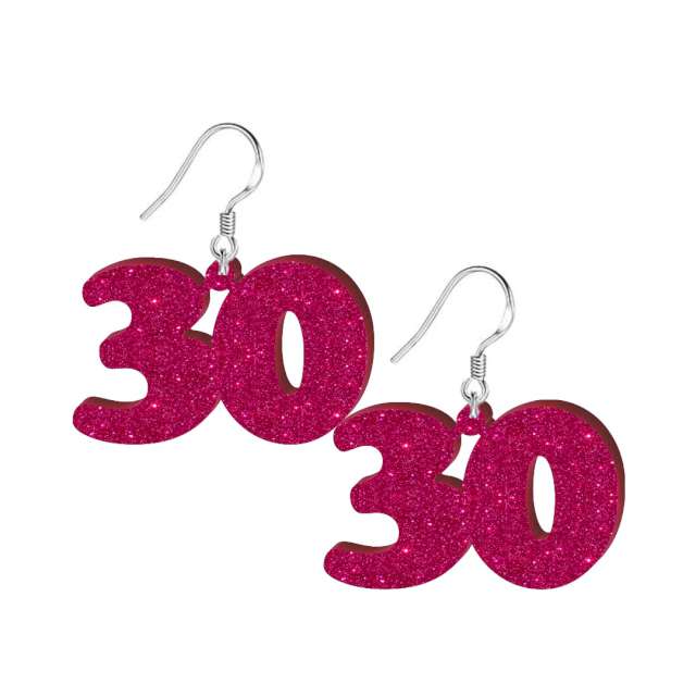 Kolczyki "30 urodziny", różowy brokat, 38x25 mm