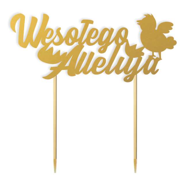 Topper papierowy "Wesołego Alleluja z kurczakiem", złoty, 15 cm