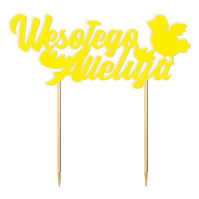 Topper papierowy "Wesołego Alleluja z kurczakiem", żółty, 15 cm