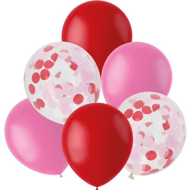 Balony "Matowy mix z konfetti", czerwono-różowe, Folat, 12", 6 szt