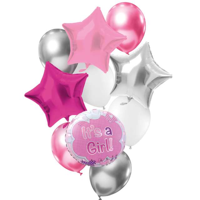 Balony "Zestaw Imprezowy - Its A Girl", biało-srebrno-różowy, Folat, 10 szt