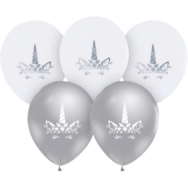 Balony "Jednorożce", biało-srebrne pastel, Godan, 12", 5 szt