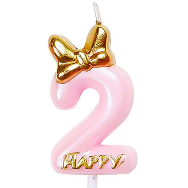 Świeczka na tort "Cyfra 2 - Happy", różowa jasna, Jix, 9,3 cm