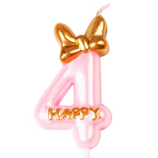 Świeczka na tort "Cyfra 4 - Happy", różowa jasna, Jix, 9,3 cm