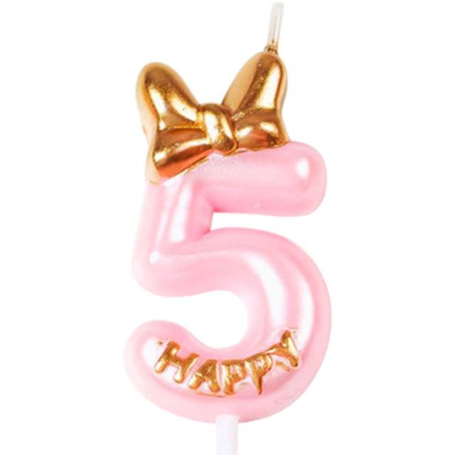 Świeczka na tort "Cyfra 5 - Happy", różowa jasna, Jix, 9,3 cm