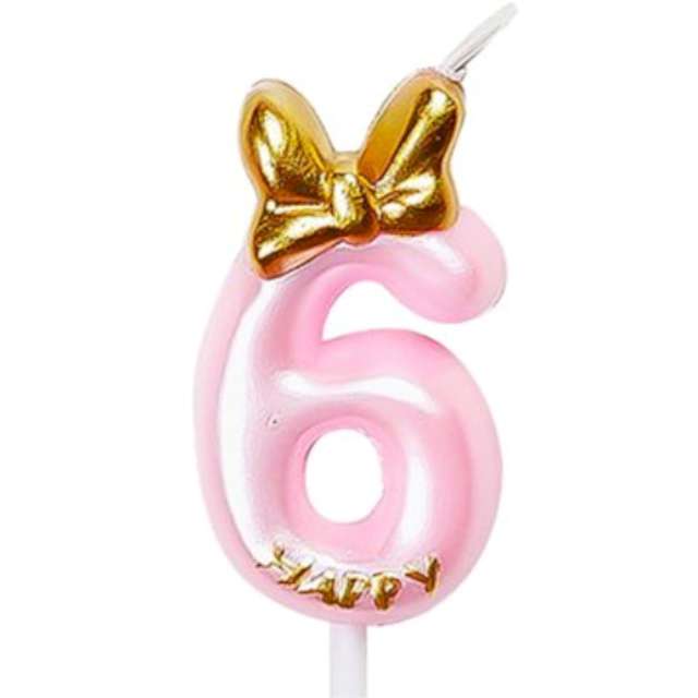 Świeczka na tort "Cyfra 6 - Happy", różowa jasna, Jix, 9,3 cm