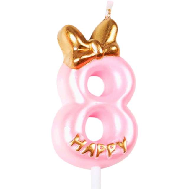 Świeczka na tort "Cyfra 8 - Happy", różowa jasna, Jix, 9,3 cm
