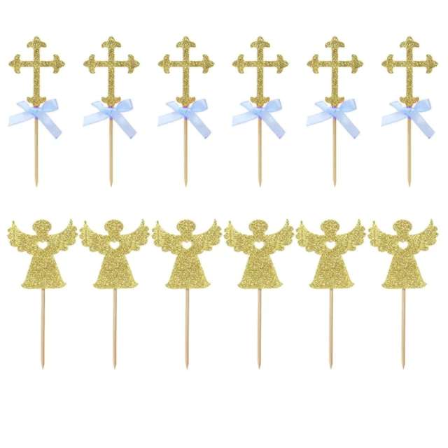 Piker "Aniołki i Krzyże złoty brokat", niebieskie, Jix, 13,5 cm, 12 szt