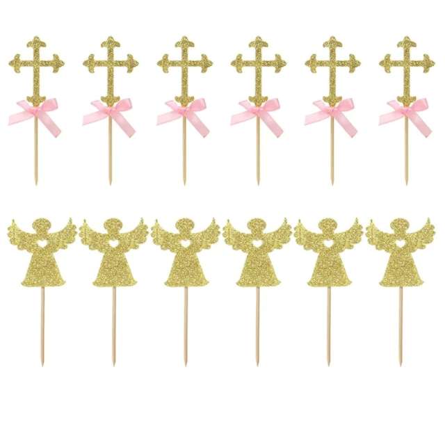 Piker "Aniołki i Krzyże złoty brokat", różowe, Jix, 13,5 cm, 12 szt
