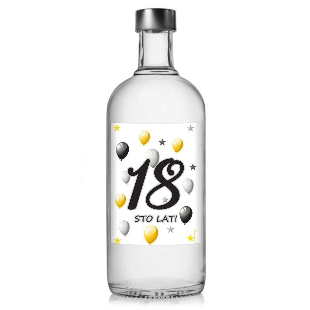 Etykieta na butelkę "Urodziny 18 white, 85x120 mm, 5 szt