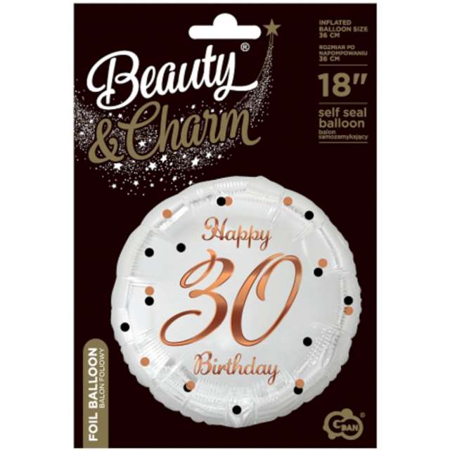 Balon foliowy Happy Birthday 30 - B&C różowo-złoty Godan 18 RND