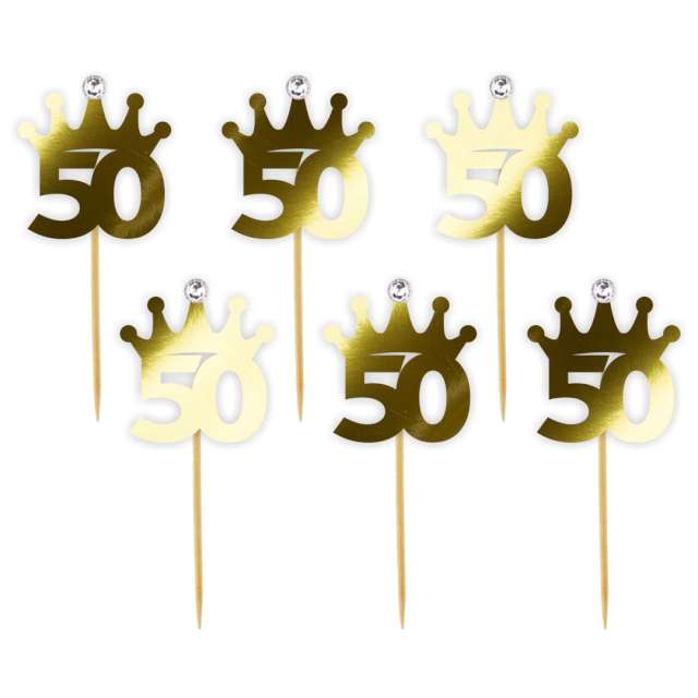Pikery "Liczba 50 korona z cyrkonią", złote metalik, 6 szt