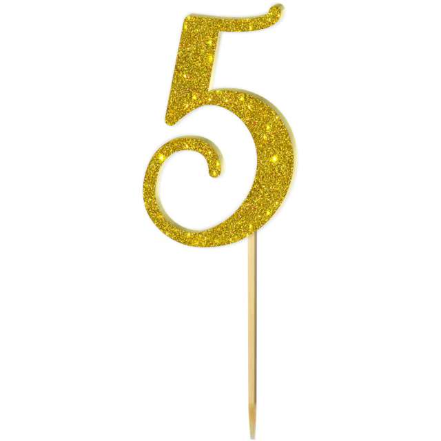 Topper z pleksy "Liczba 5", złoty brokat, 18 cm