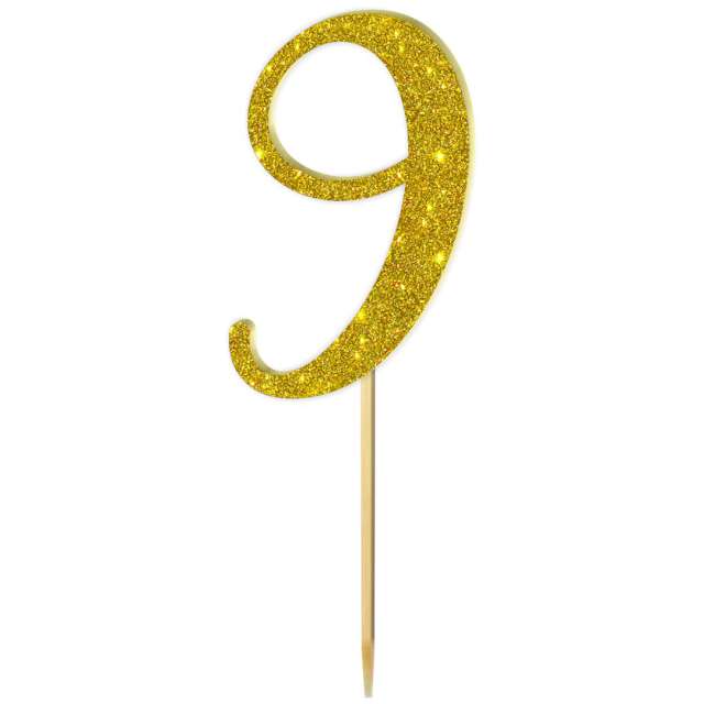Topper z pleksy "Liczba 9", złoty brokat, 18 cm