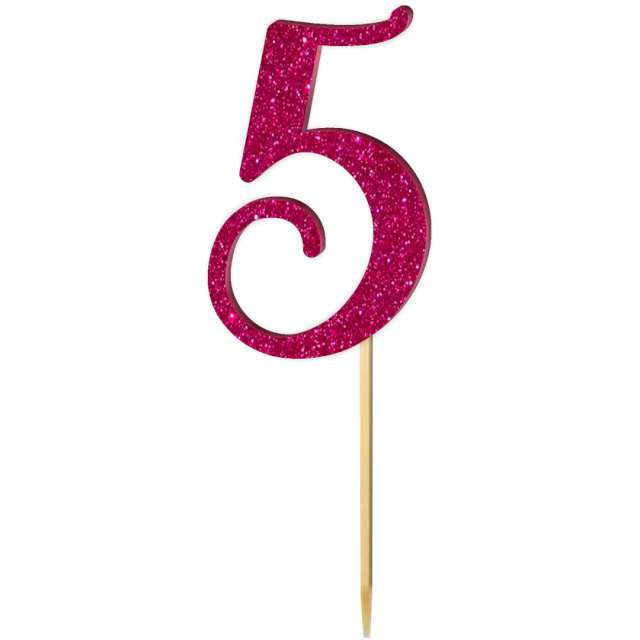 Topper z pleksy "Liczba 5", różowy brokat, 18 cm