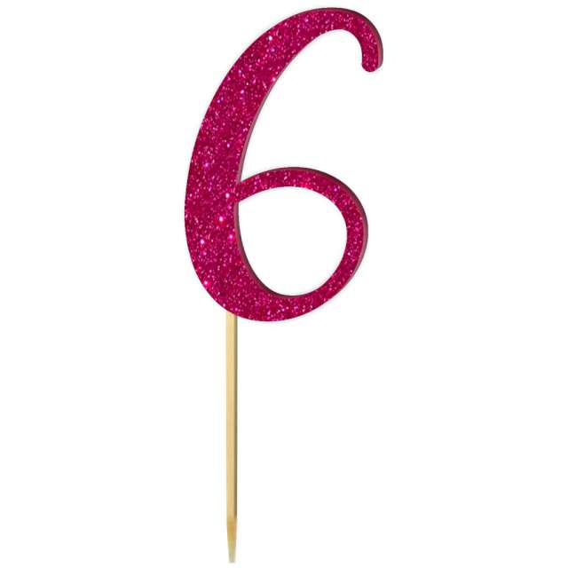 Topper z pleksy "Liczba 6", różowy brokat, 18 cm