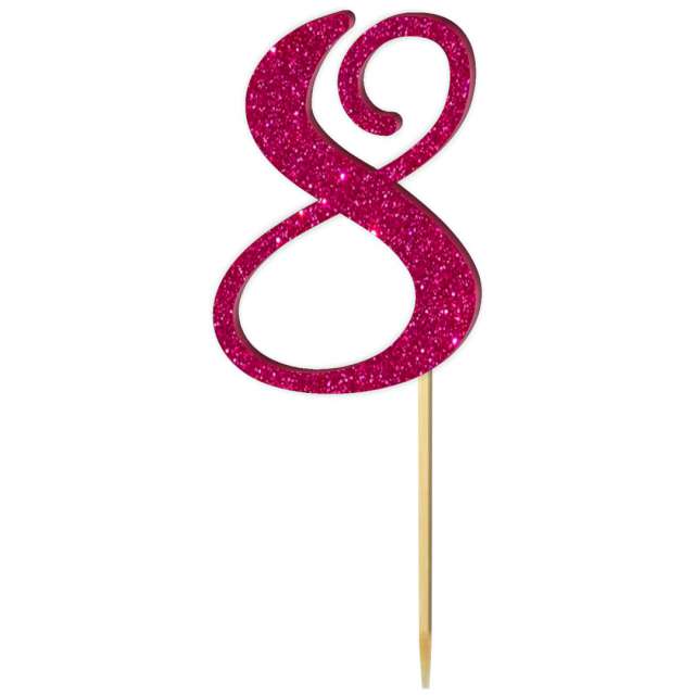 Topper z pleksy "Liczba 8", różowy brokat, 18 cm