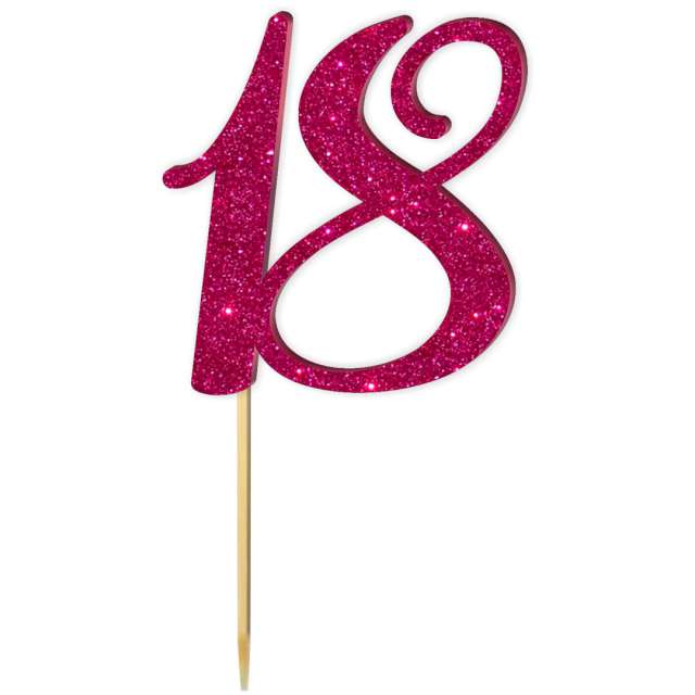 Topper z pleksy "Liczba 18", różowy brokat, 18 cm