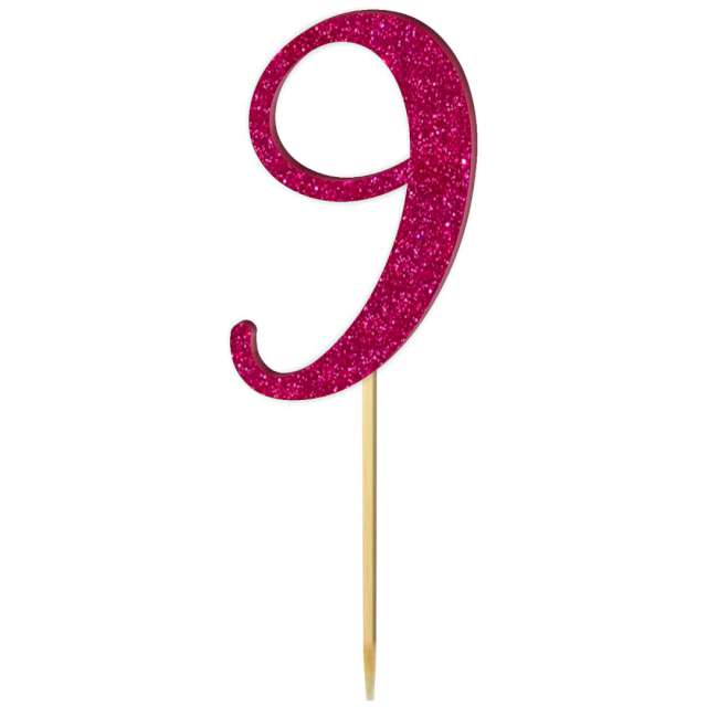 Topper z pleksy "Liczba 9", różowy brokat, 18 cm