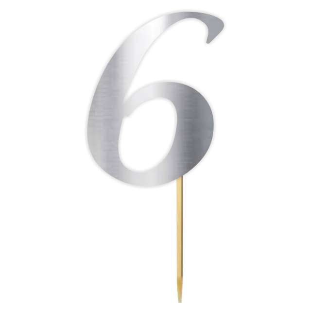 Topper papierowy "Liczba 6", srebrny metalic, 18 cm