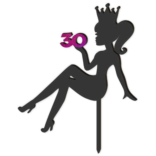Topper z pleksy "30 Urodziny - hot laska", czarny, róż holo, 13 x 16,5 cm