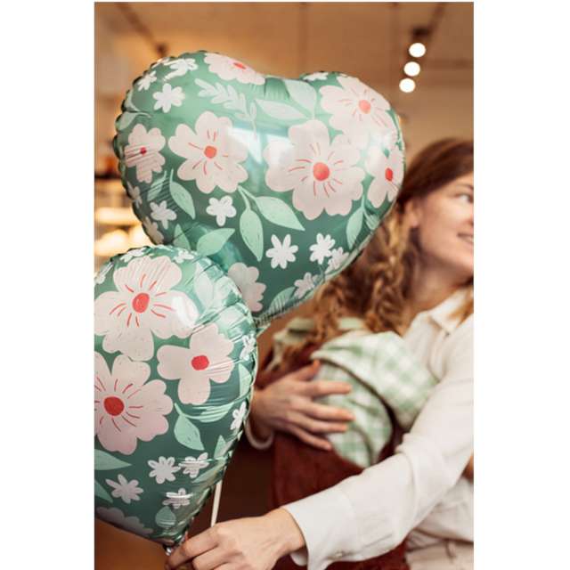 Balon foliowy Serce - Kwiaty i Liście zielony różowy PartyDeco 18 HRT