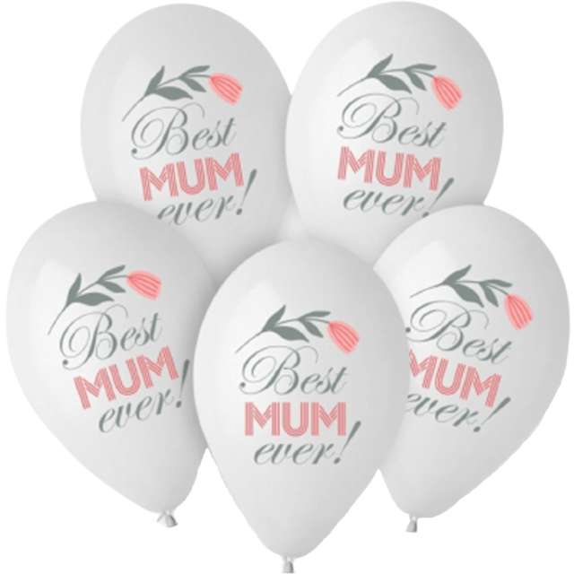 Balony "Best Mum Evet - Dzień Matki", biały pastel, Godan, 12", 5 szt