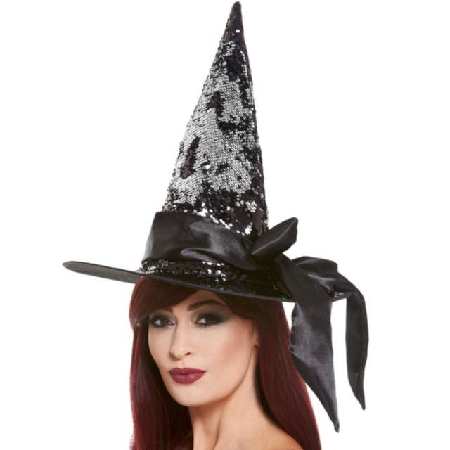 _xx_Deluxe Reversible Sequin Witch Hat Black & Silver with Satin Bow