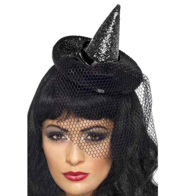 _xx_Mini Witchs Hat Black Glittered on Headband with Netting
