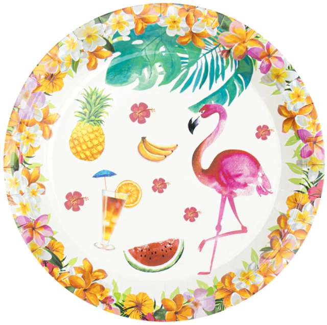Talerzyki papierowe "Flamingi Hawajskie", PartyPal, 23 cm, 6 szt
