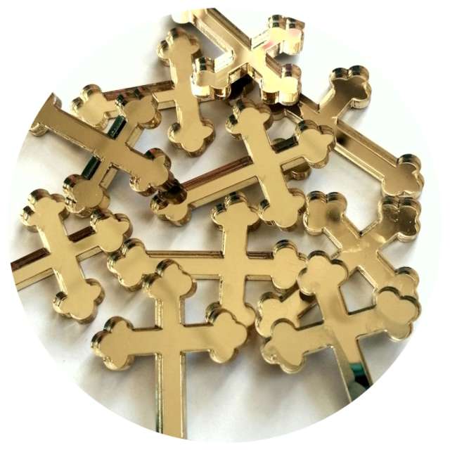 Scrapki akrylowe Krzyże gotyckie złote lustrzane 30 mm 10 szt