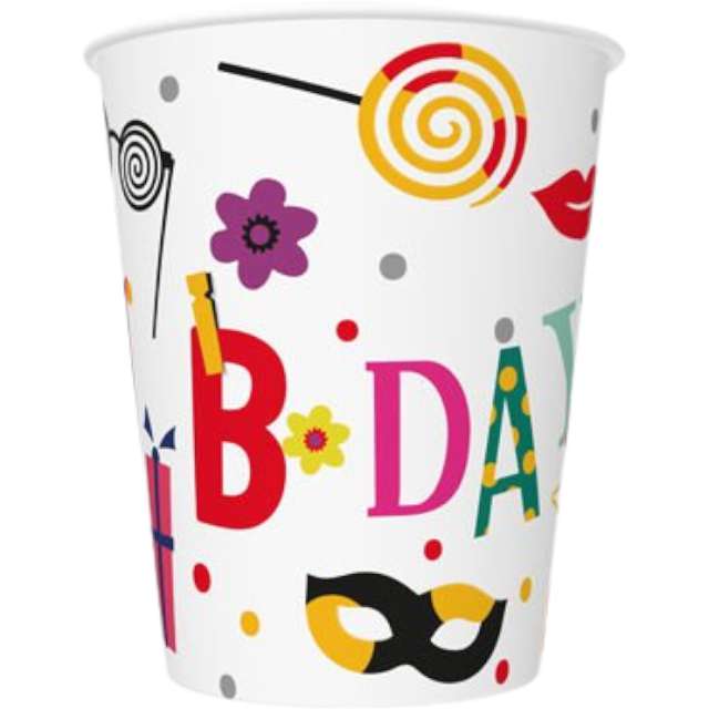 Kubeczki papierowe "Happy Birthday - Funny B-Day", Maki, 250 ml, 8 szt