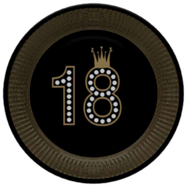 Talerzyki papierowe "18 urodziny - Korona", czarne, złote, MAKI, 28 cm, 8 szt