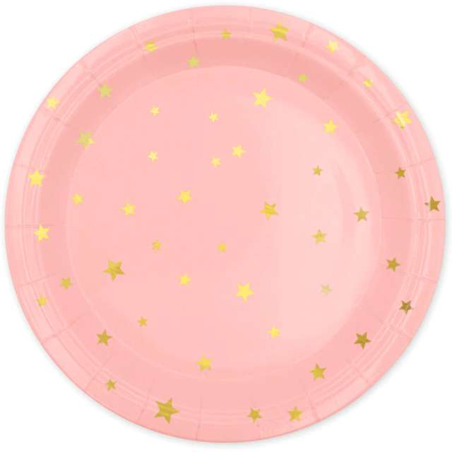 Talerzyki papierowe "Gwiazdki złote", różowe, PartyPal, 23 cm, 6 szt
