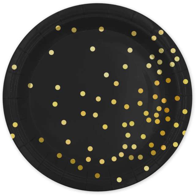 Talerzyki papierowe "Kropki złote", czarne, PartyPal, 18 cm, 6 szt