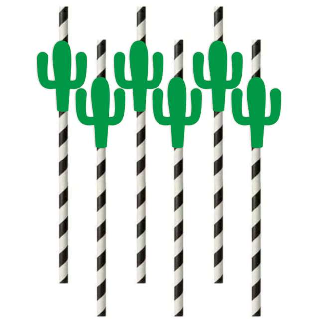 Słomki papierowe "Meksykańskie kaktusy", biało-czarne, 19,5cm, 6 szt