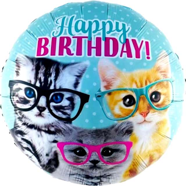 Balon foliowy "Happy Birthday - Koty W Okularach", mix, JIX, 18", RND