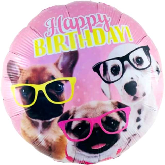 Balon foliowy "Happy Birthday - Psy W Okularach", mix, JIX, 18", RND