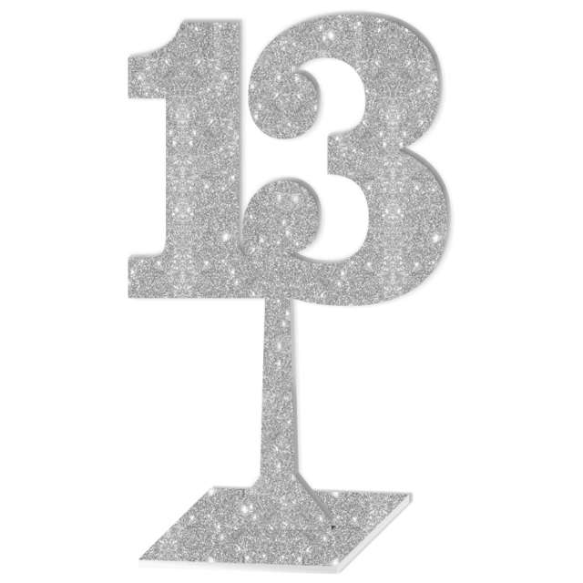 Dekoracja "Numer na stół - 13", srebrny brokat, 19 cm
