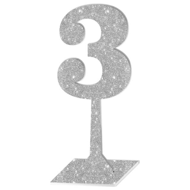 Dekoracja "Numer na stół - 3", srebrny brokat, 19 cm