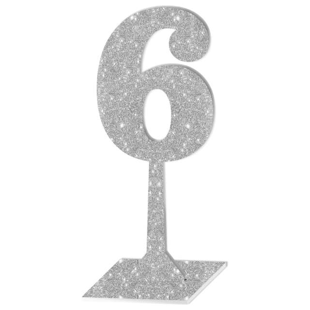 Dekoracja "Numer na stół - 6", srebrny brokat, 19 cm
