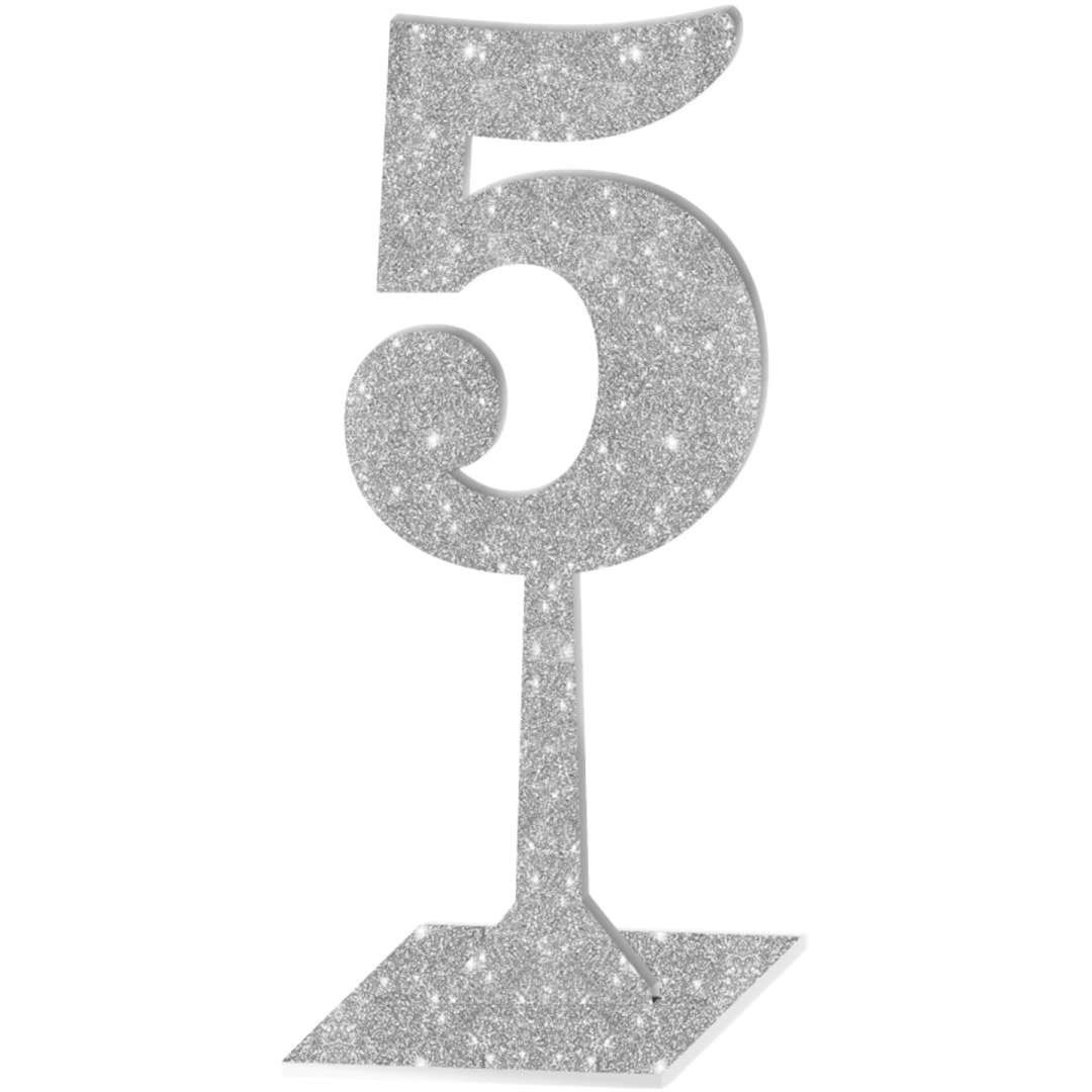 Dekoracja Numer na stół - 5 srebrny brokat 19 cm