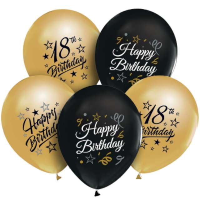 Balony "Happy Birthday 18 - Beauty and Charm", złoto-czarny,Godan, 12", 5 szt