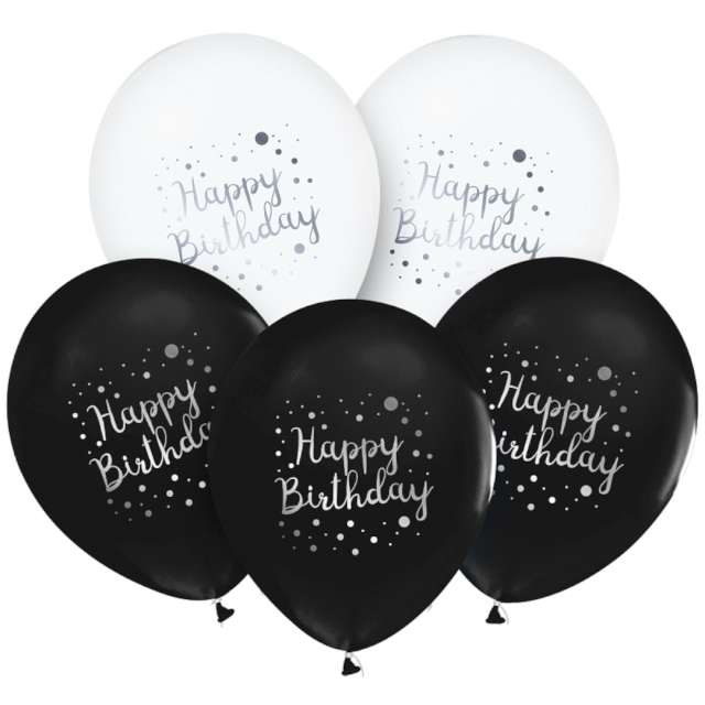 Balony Happy Birthday - grochy Godan czarno-białe 12 5 szt