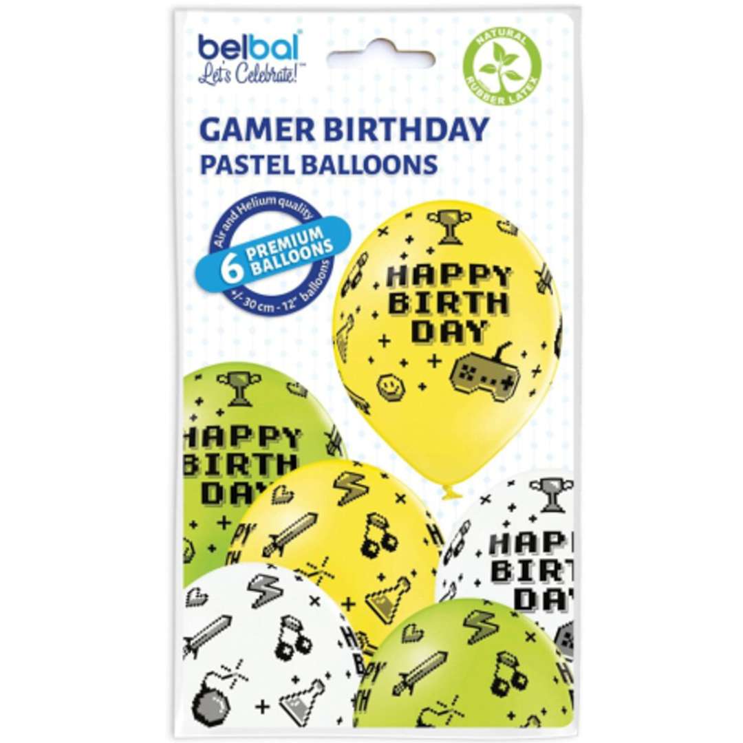 Balony Gamer - Happy Birthday pastel mix Belbal 12 6 szt